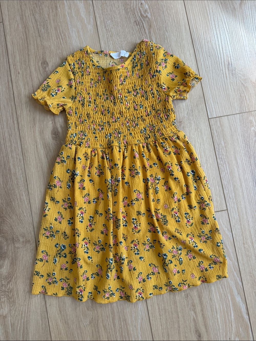 Zara Yellow Floral Smocked Short-Sleeve Dress